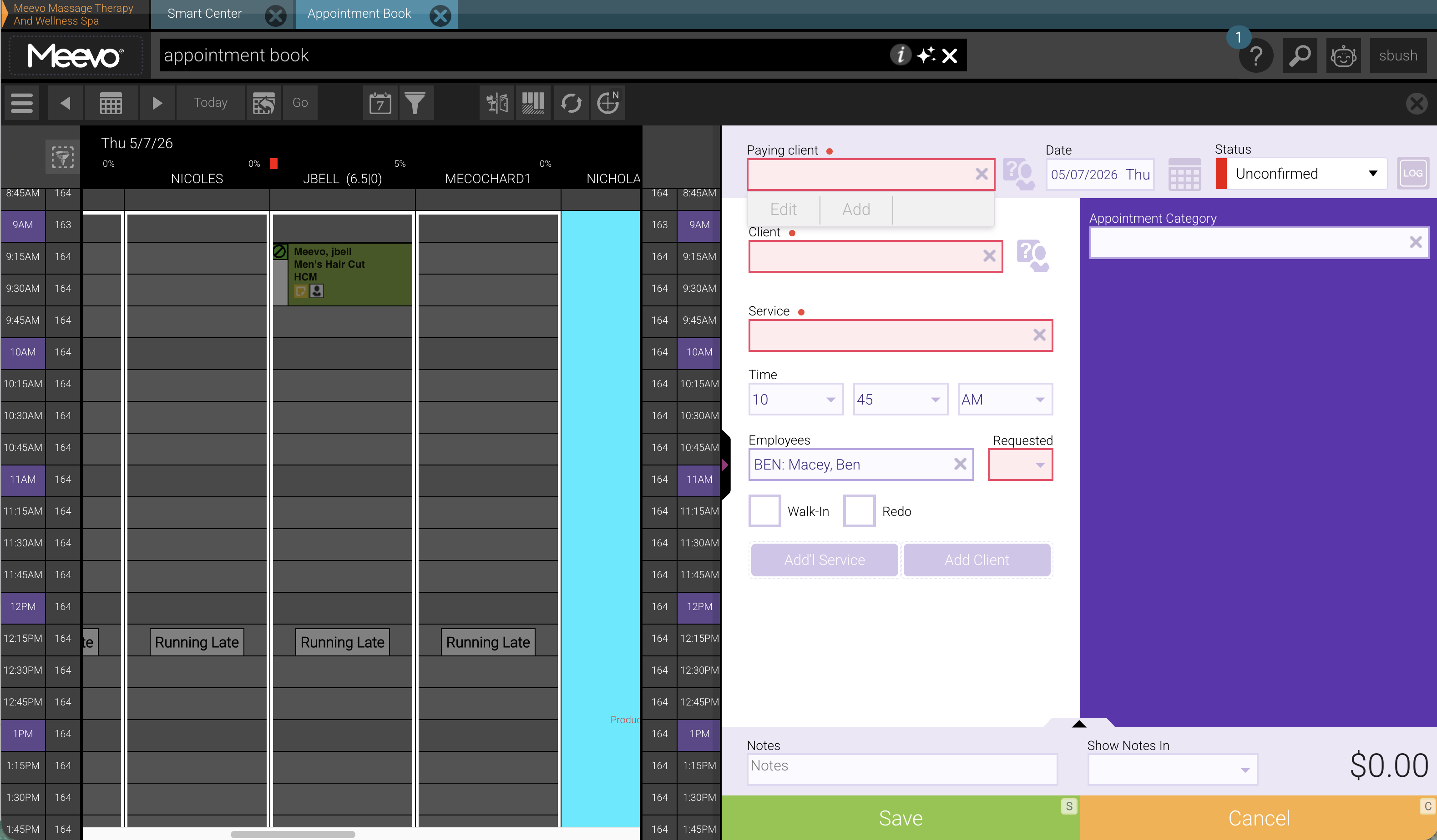 Legacy Appointment Book booking modal with cramped form fields