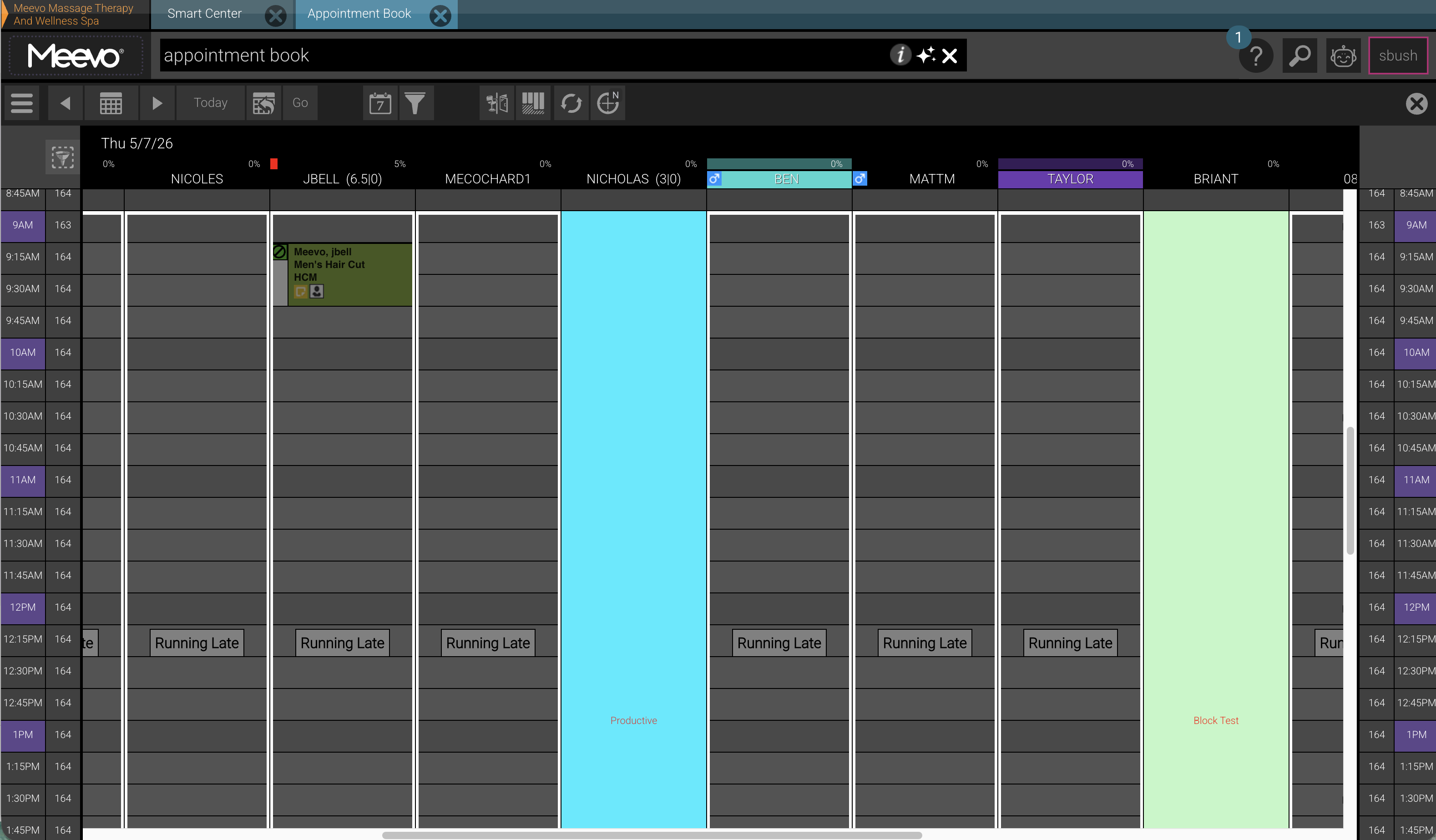 Legacy Appointment Book calendar view with dark theme and dense grid