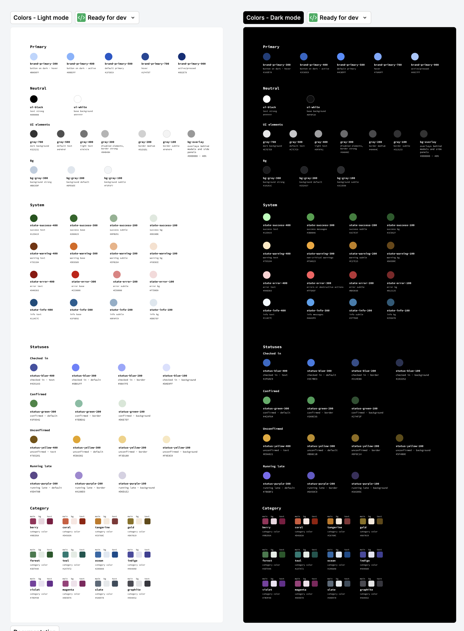 Color system showing light mode and dark mode tokens across primary, neutral, system, status, and category colors