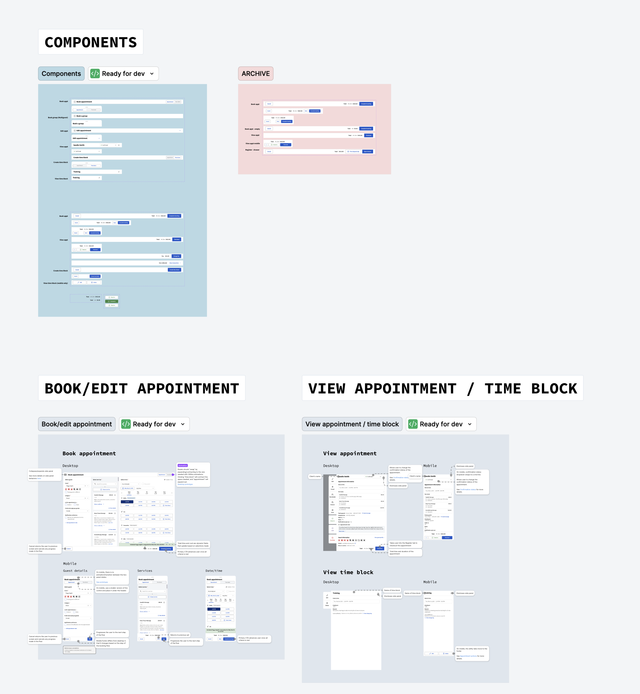 Component showcase showing appointment booking components across desktop and mobile breakpoints with ready-for-dev status