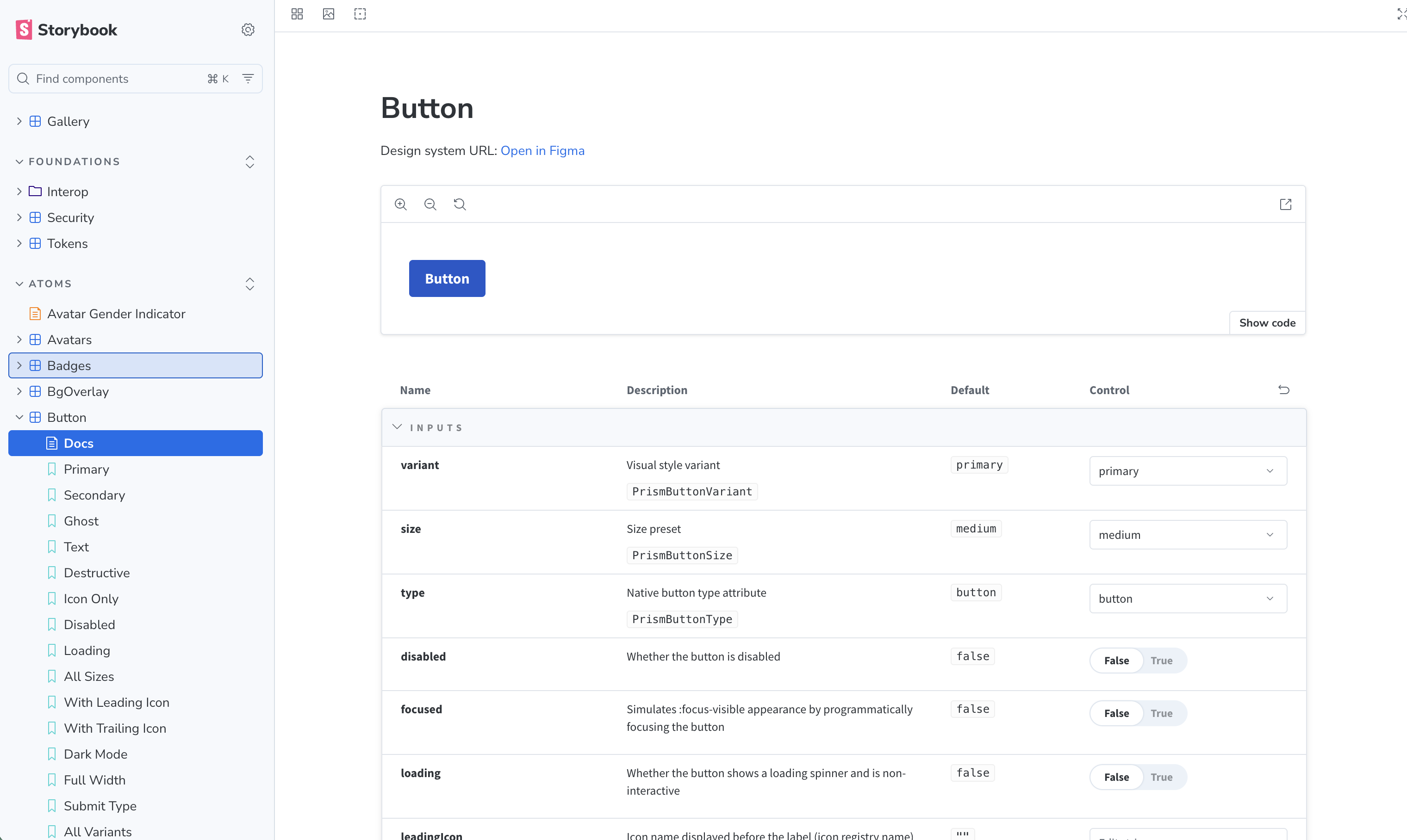 Storybook component browser showing the Button component with variant controls and documentation