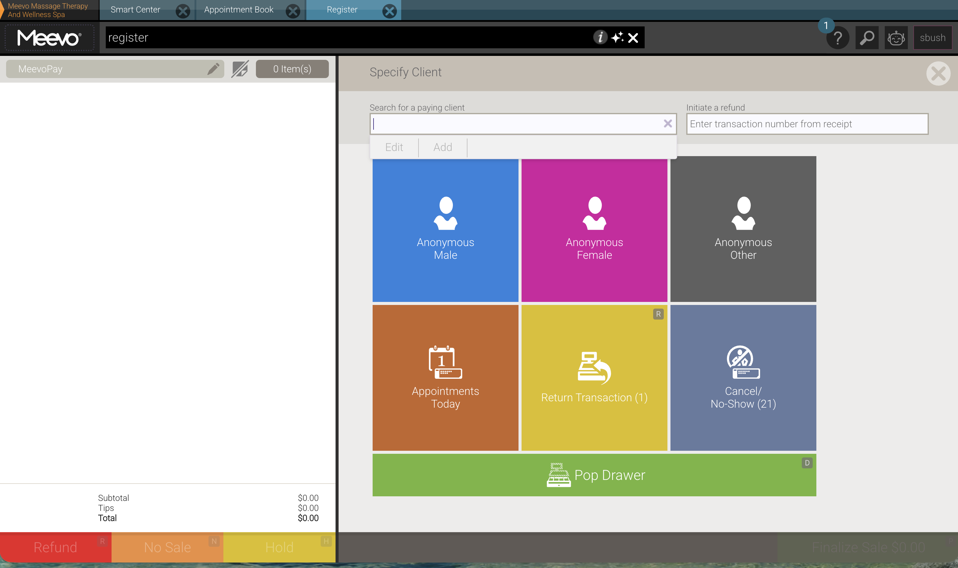 Legacy Register main screen with oversized color-coded tiles